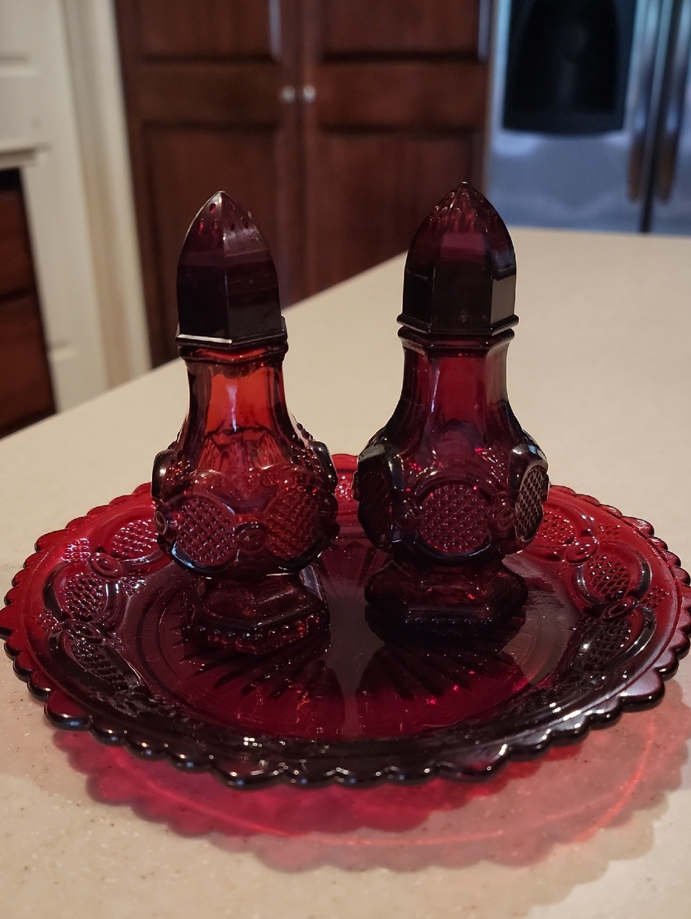 Glass Salt and Pepper Shakers with Matching Tray Avon 1876 Cape Cod